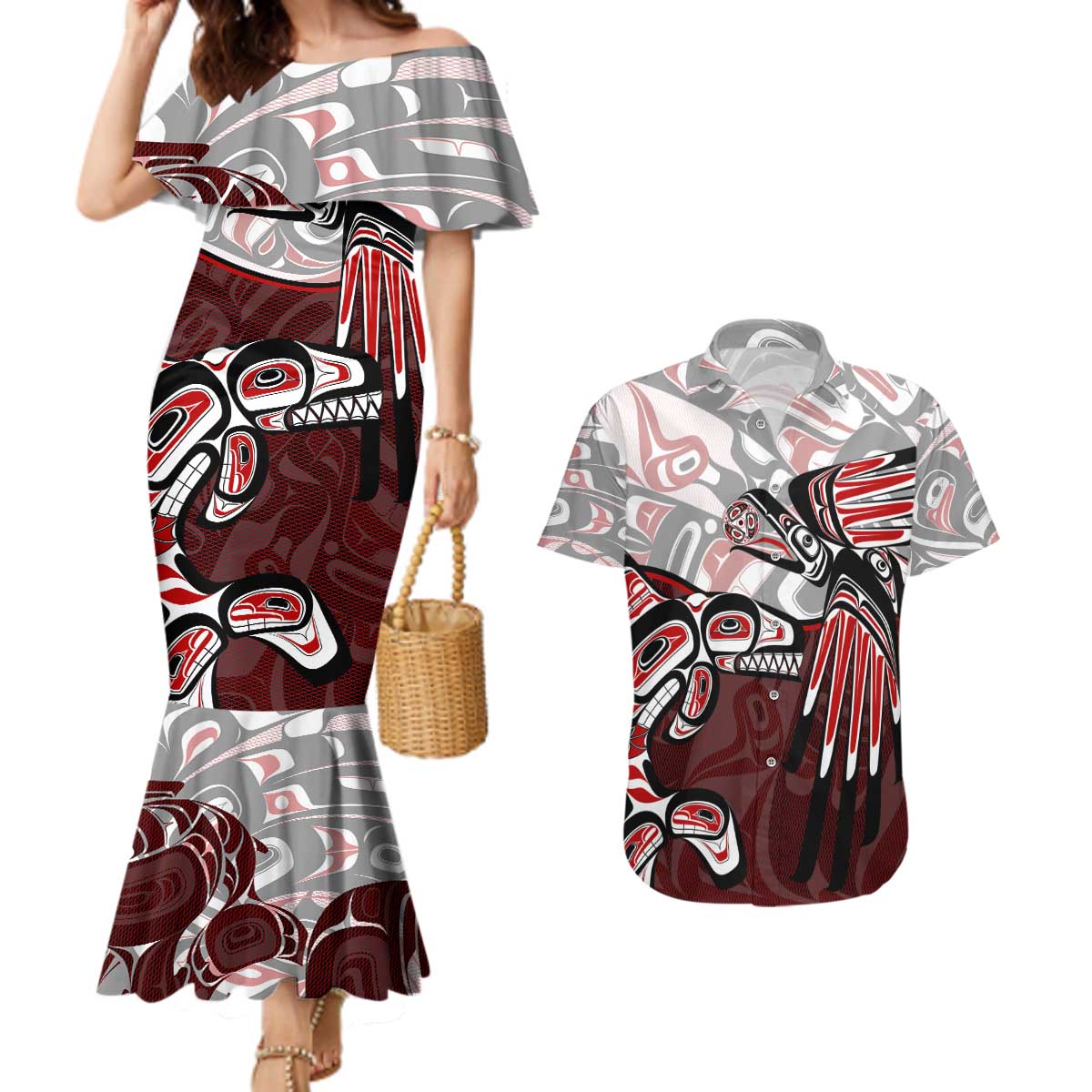 Haida Orca and Eagle Battle Couples Matching Mermaid Dress and Hawaiian Shirt Canada Pacific Northwest Tribal Art