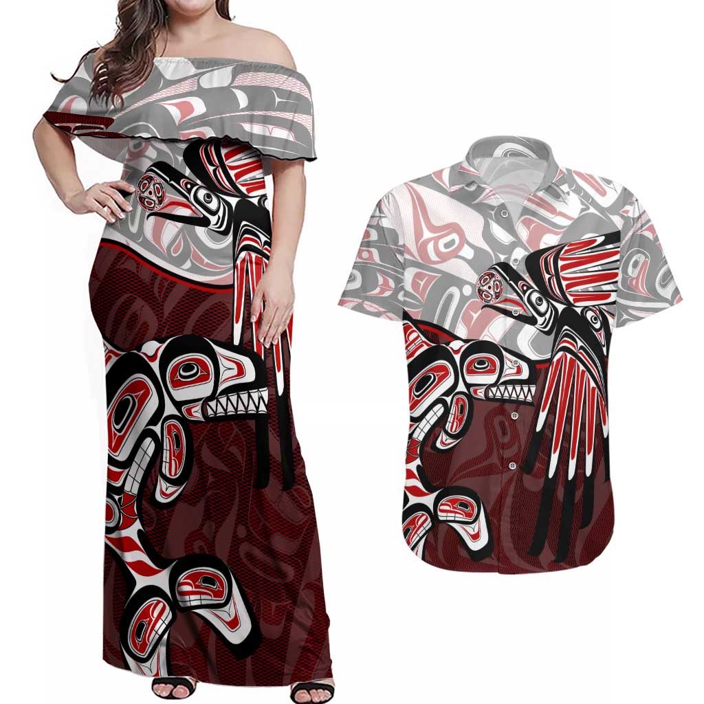 Haida Orca and Eagle Battle Couples Matching Off Shoulder Maxi Dress and Hawaiian Shirt Canada Pacific Northwest Tribal Art