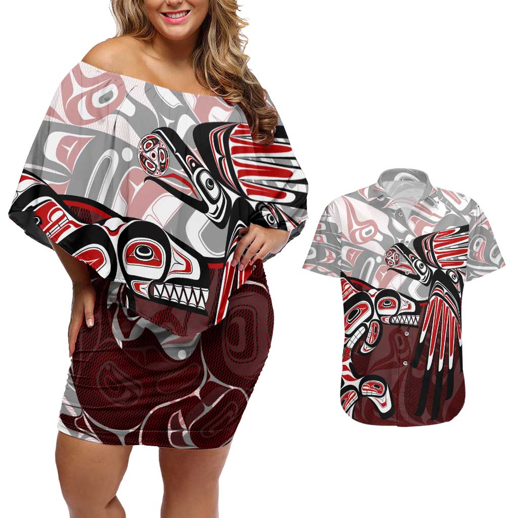 Haida Orca and Eagle Battle Couples Matching Off Shoulder Short Dress and Hawaiian Shirt Canada Pacific Northwest Tribal Art