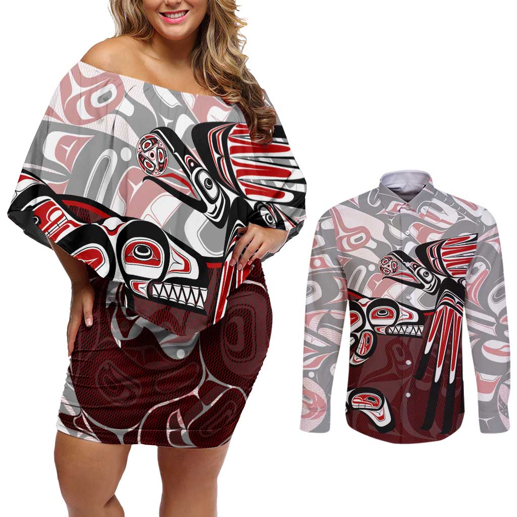 Haida Orca and Eagle Battle Couples Matching Off Shoulder Short Dress and Long Sleeve Button Shirt Canada Pacific Northwest Tribal Art