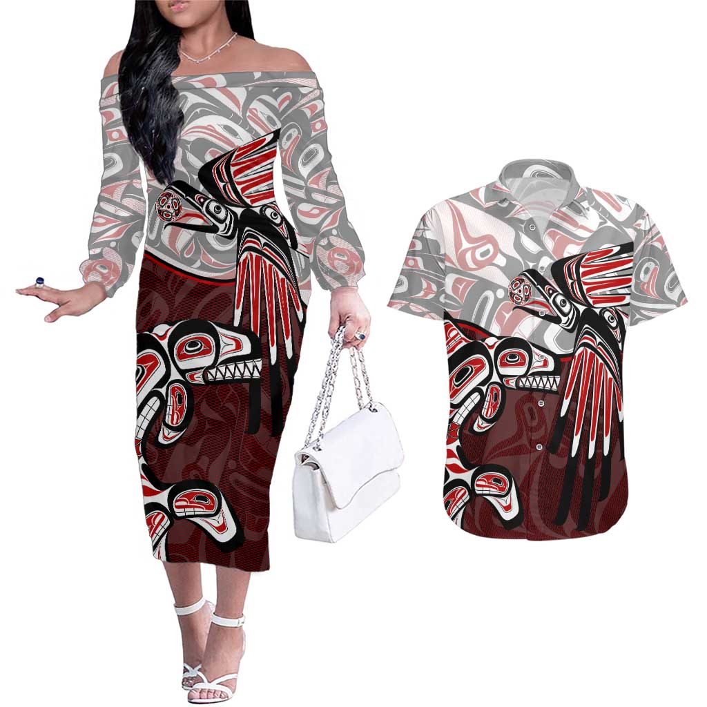 Haida Orca and Eagle Battle Couples Matching Off The Shoulder Long Sleeve Dress and Hawaiian Shirt Canada Pacific Northwest Tribal Art