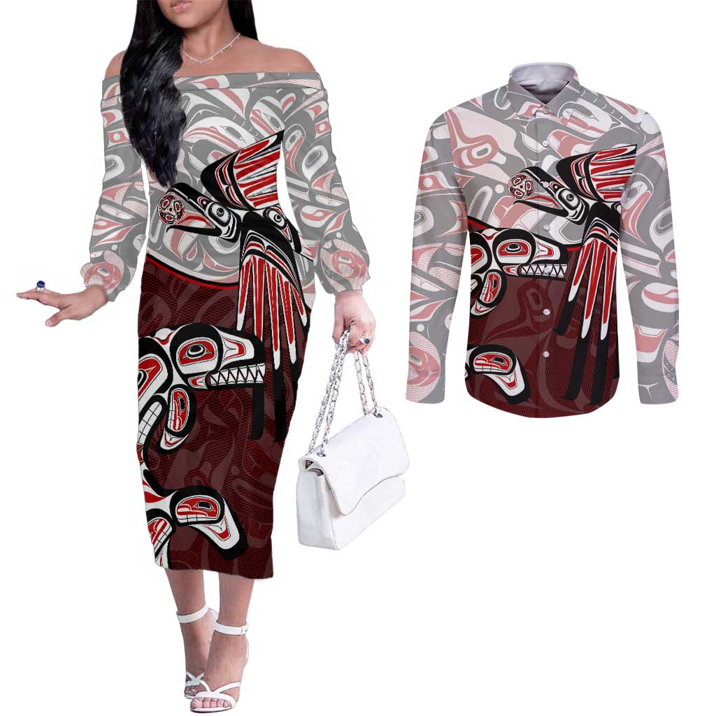 Haida Orca and Eagle Battle Couples Matching Off The Shoulder Long Sleeve Dress and Long Sleeve Button Shirt Canada Pacific Northwest Tribal Art