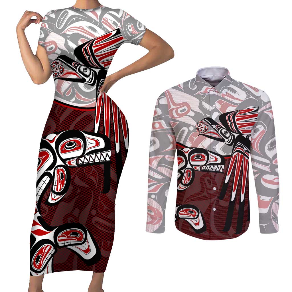 Haida Orca and Eagle Battle Couples Matching Short Sleeve Bodycon Dress and Long Sleeve Button Shirt Canada Pacific Northwest Tribal Art