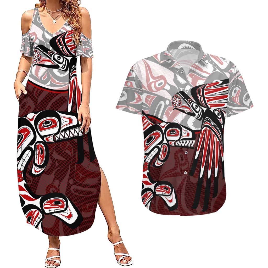 Haida Orca and Eagle Battle Couples Matching Summer Maxi Dress and Hawaiian Shirt Canada Pacific Northwest Tribal Art