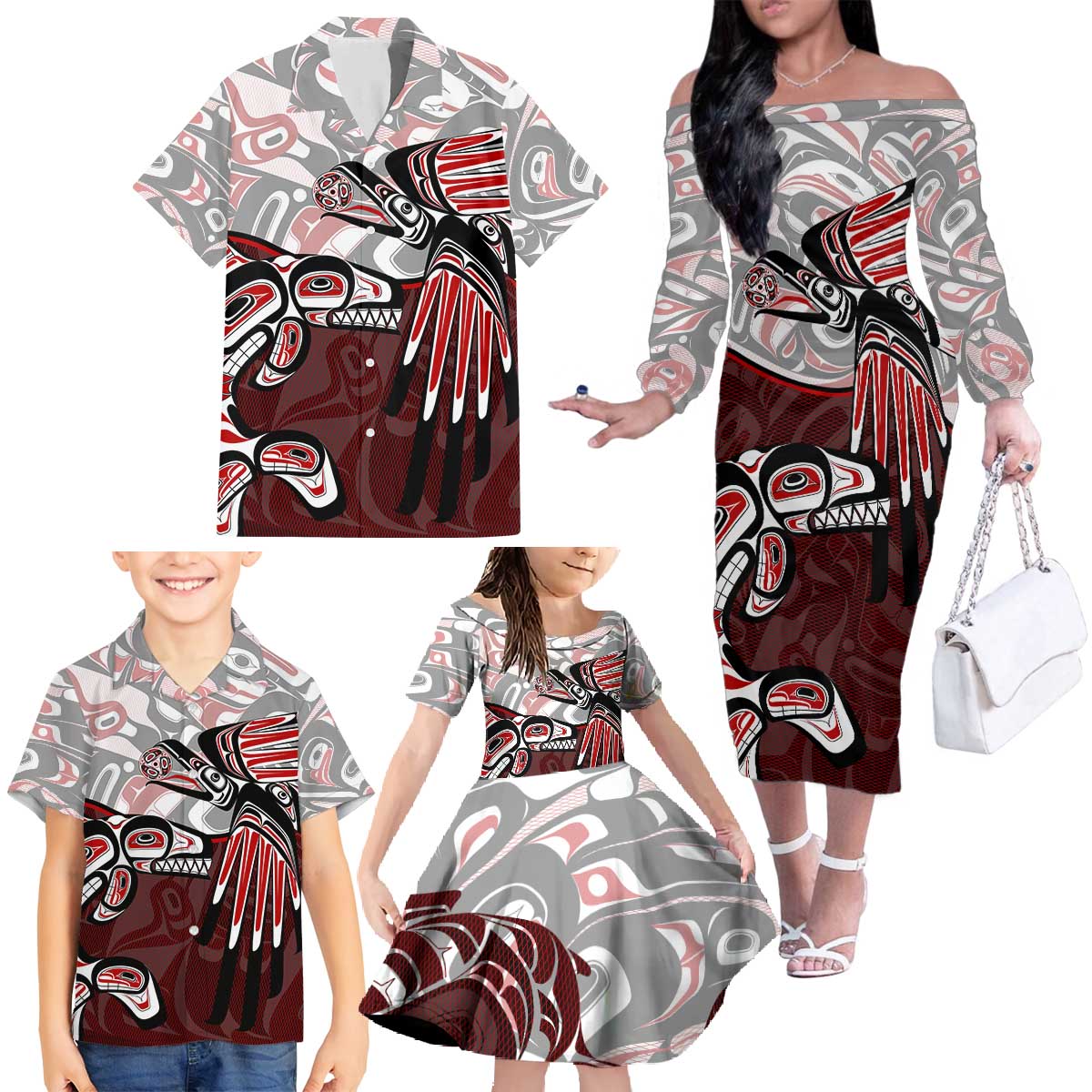 Haida Orca and Eagle Battle Family Matching Off The Shoulder Long Sleeve Dress and Hawaiian Shirt Canada Pacific Northwest Tribal Art