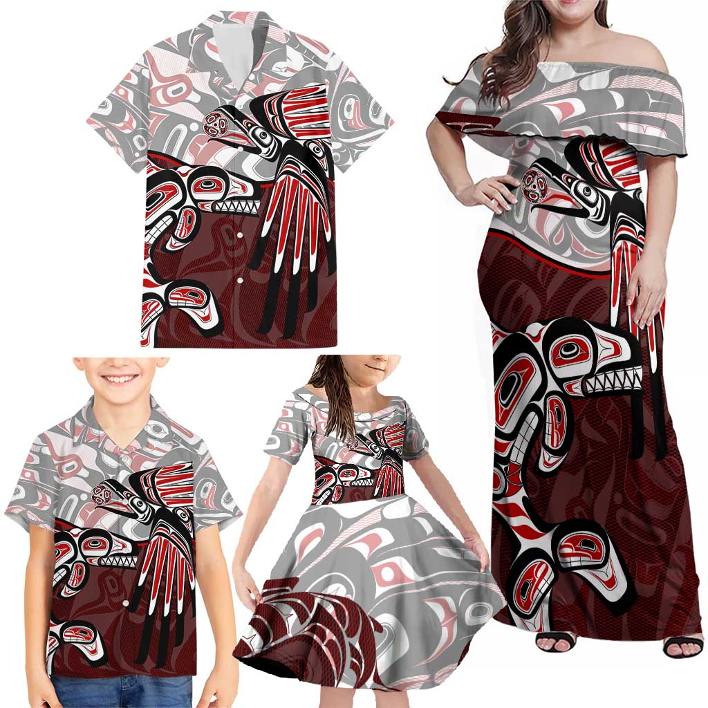 Haida Orca and Eagle Battle Family Matching Off Shoulder Maxi Dress and Hawaiian Shirt Canada Pacific Northwest Tribal Art