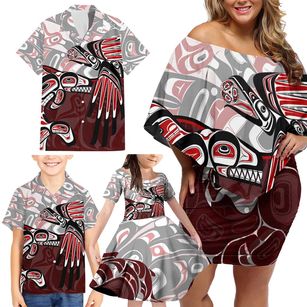 Haida Orca and Eagle Battle Family Matching Off Shoulder Short Dress and Hawaiian Shirt Canada Pacific Northwest Tribal Art