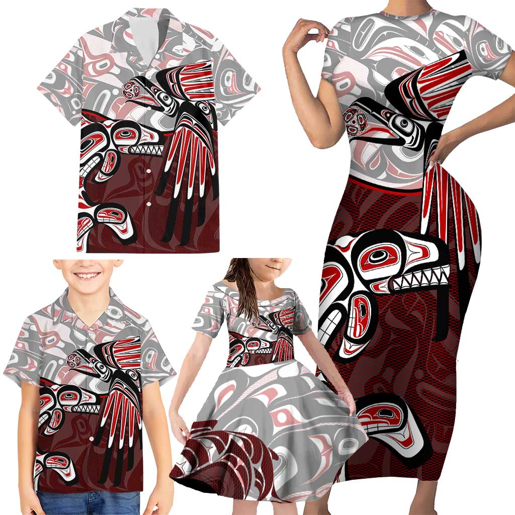 Haida Orca and Eagle Battle Family Matching Short Sleeve Bodycon Dress and Hawaiian Shirt Canada Pacific Northwest Tribal Art