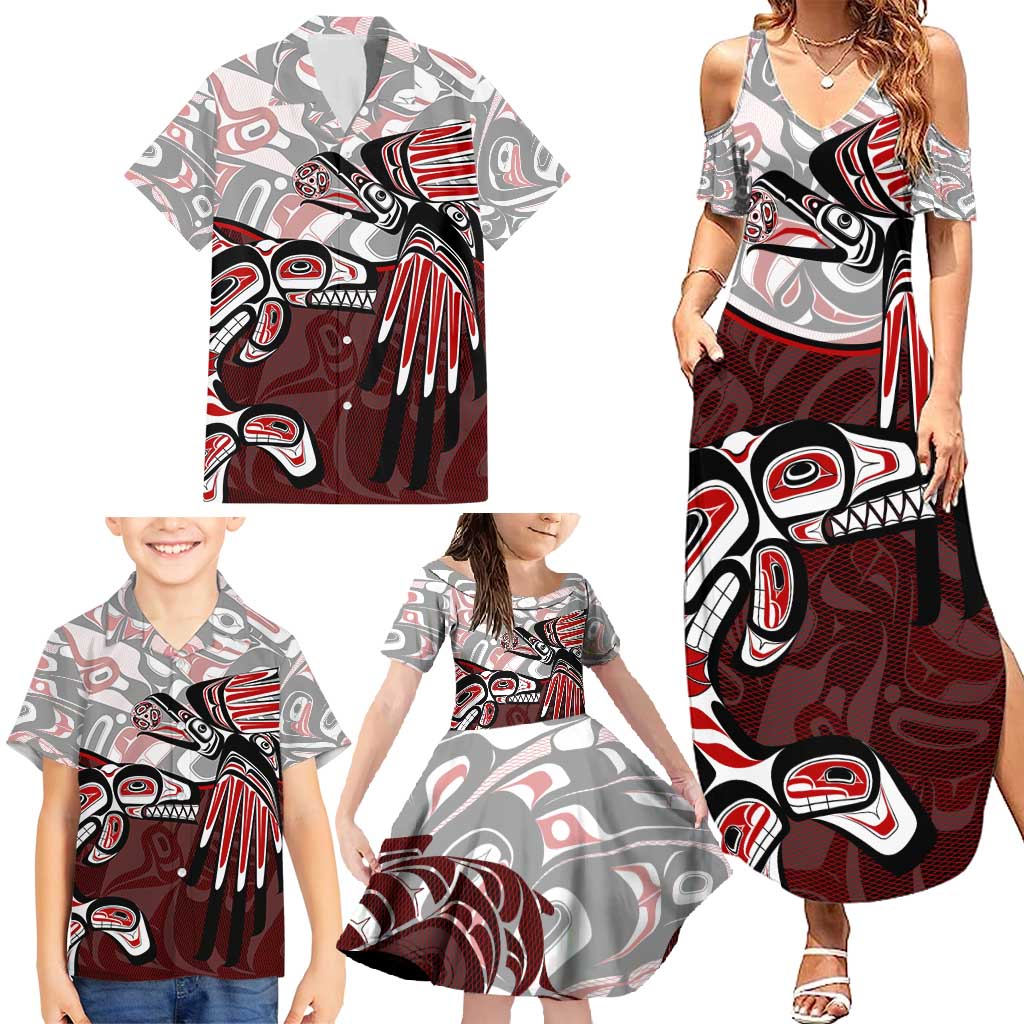 Haida Orca and Eagle Battle Family Matching Summer Maxi Dress and Hawaiian Shirt Canada Pacific Northwest Tribal Art