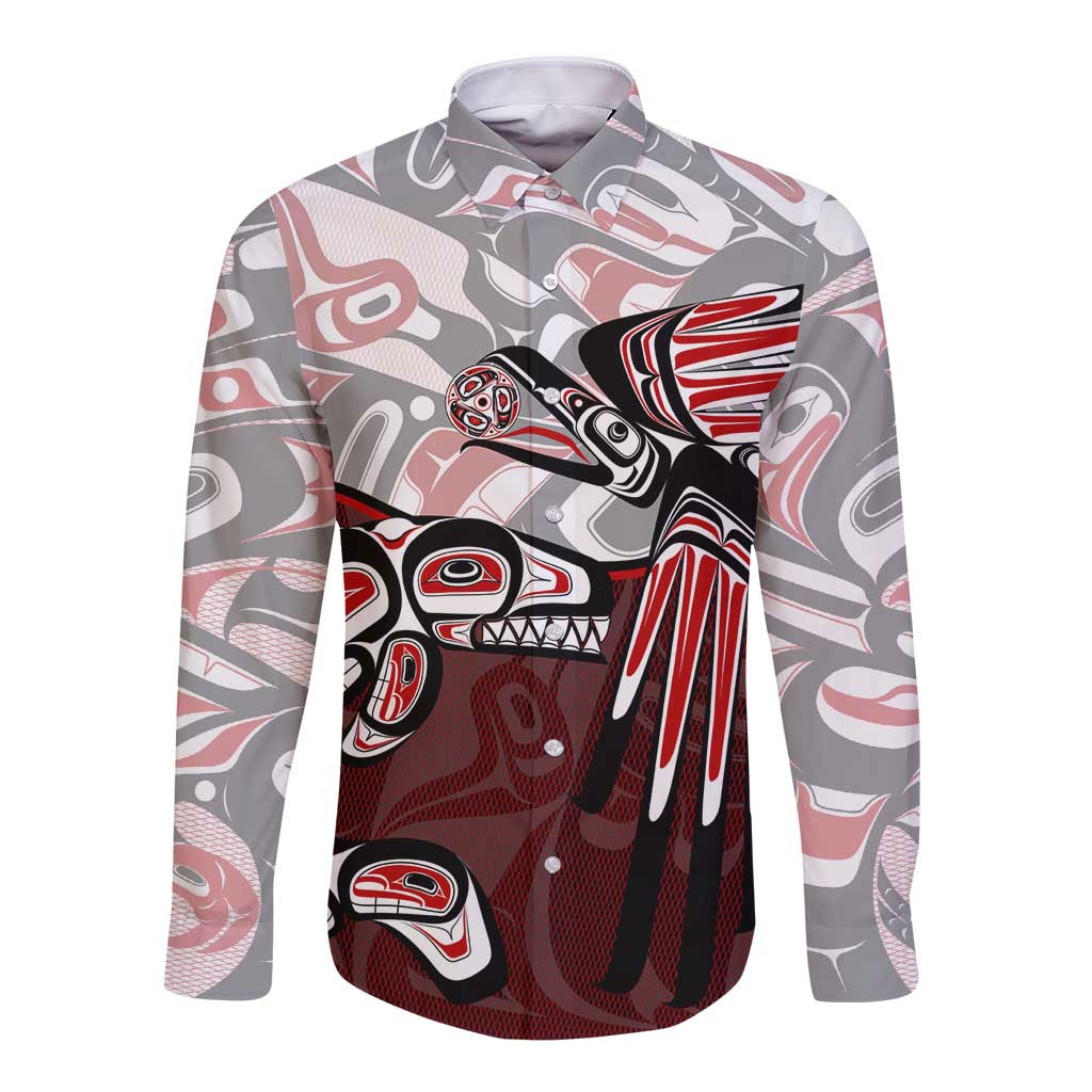 Long sleeve button shirt with red, black, and gray tribal animal graphic front