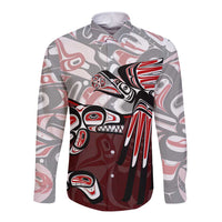 Long sleeve button shirt with red, black, and gray tribal animal graphic front