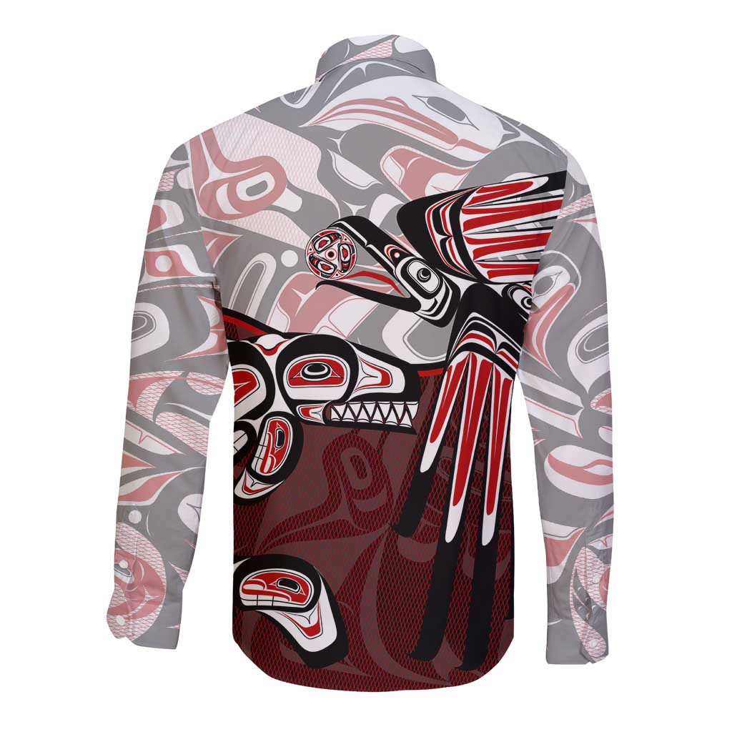Long sleeve button shirt with red, black, and gray tribal animal graphic back