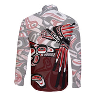 Long sleeve button shirt with red, black, and gray tribal animal graphic back