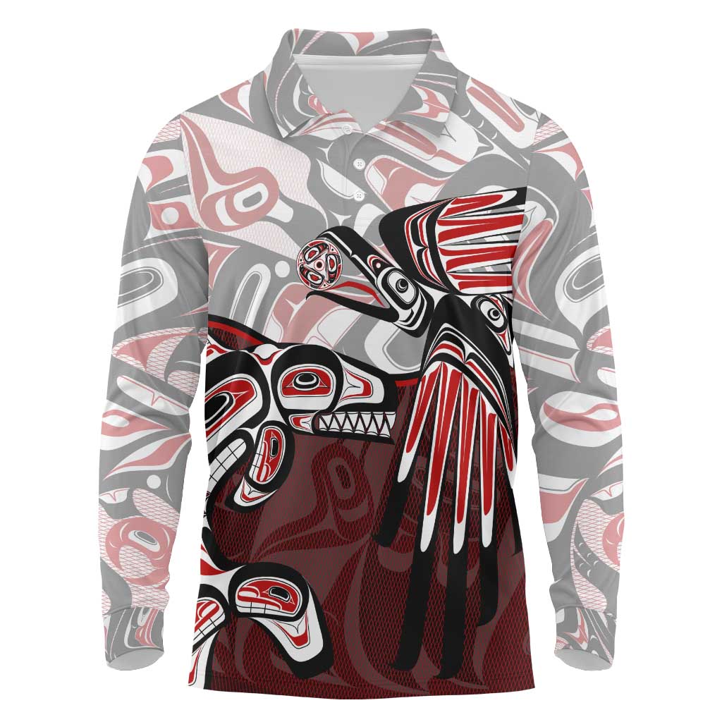 Haida Orca and Eagle Battle Long Sleeve Polo Shirt Canada Pacific Northwest Tribal Art