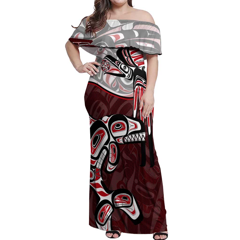 Haida Orca and Eagle Battle Off Shoulder Maxi Dress Canada Pacific Northwest Tribal Art