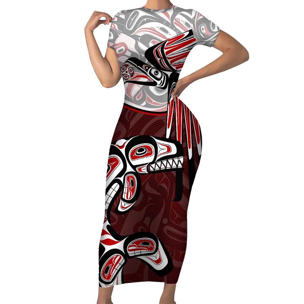 Haida Orca and Eagle Battle Short Sleeve Bodycon Dress Canada Pacific Northwest Tribal Art