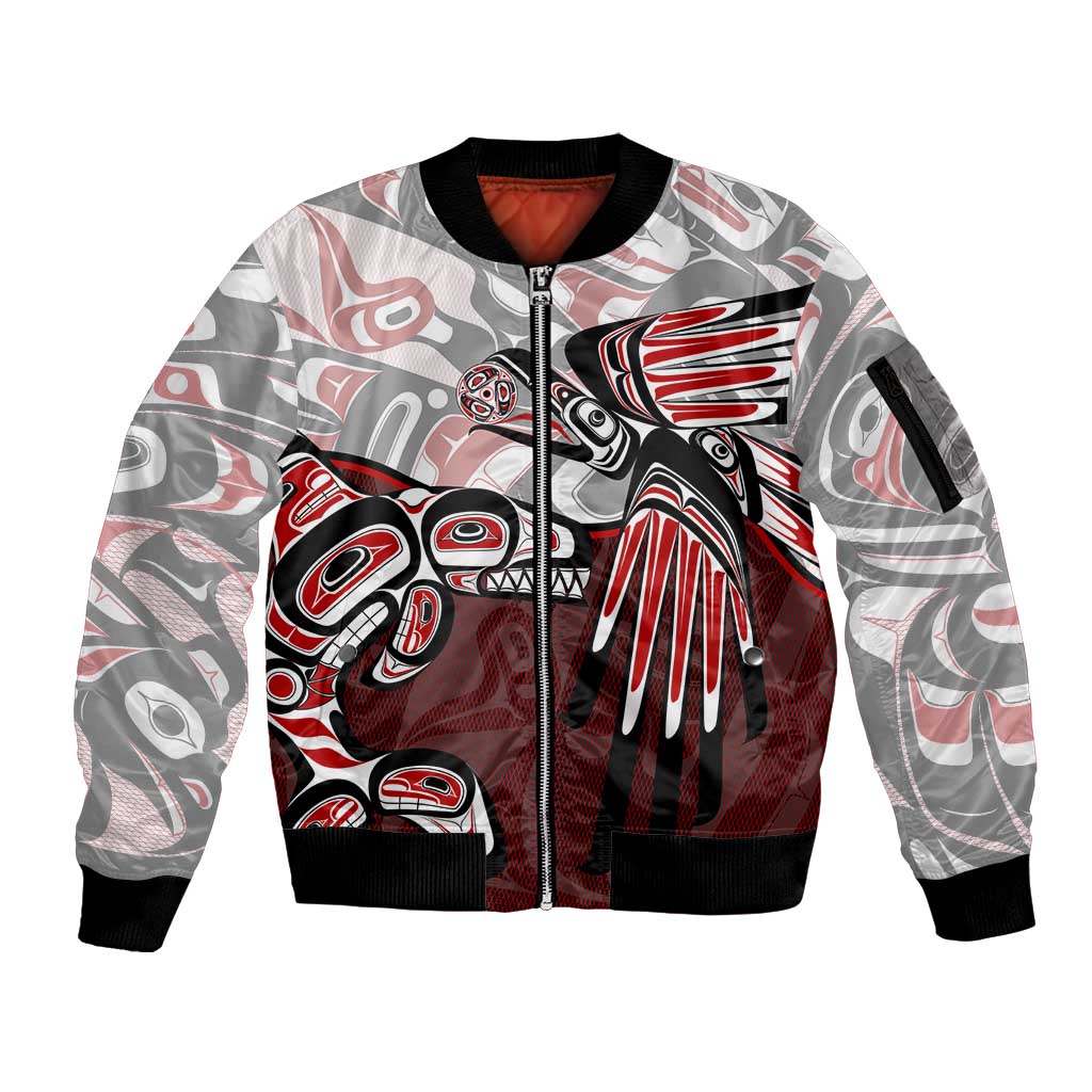 Haida Orca and Eagle Battle Sleeve Zip Bomber Jacket Canada Pacific Northwest Tribal Art