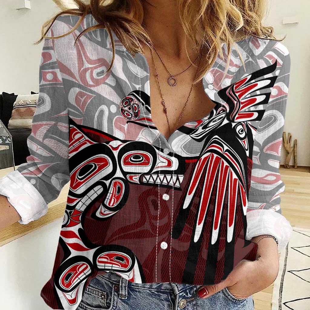 Haida Orca and Eagle Battle Women Casual Shirt Canada Pacific Northwest Tribal Art