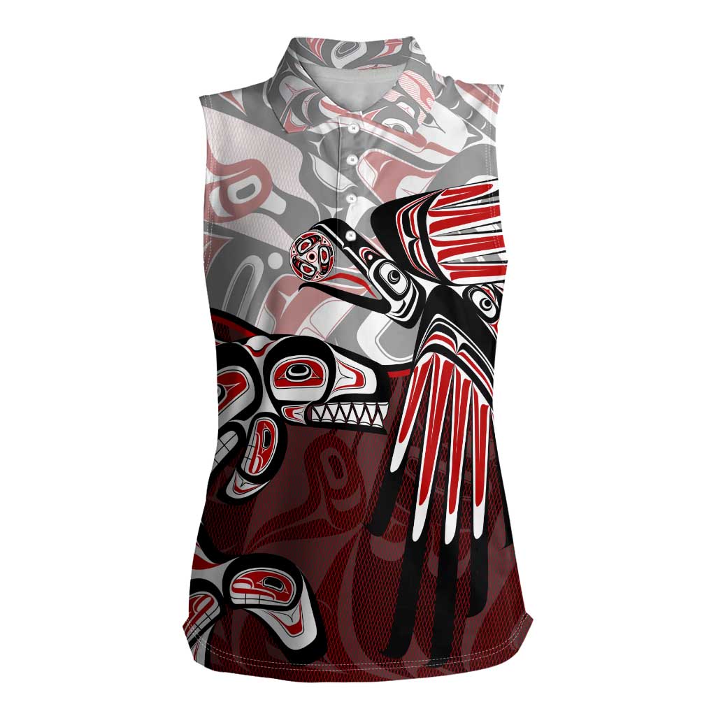 Haida Orca and Eagle Battle Women Sleeveless Polo Shirt Canada Pacific Northwest Tribal Art