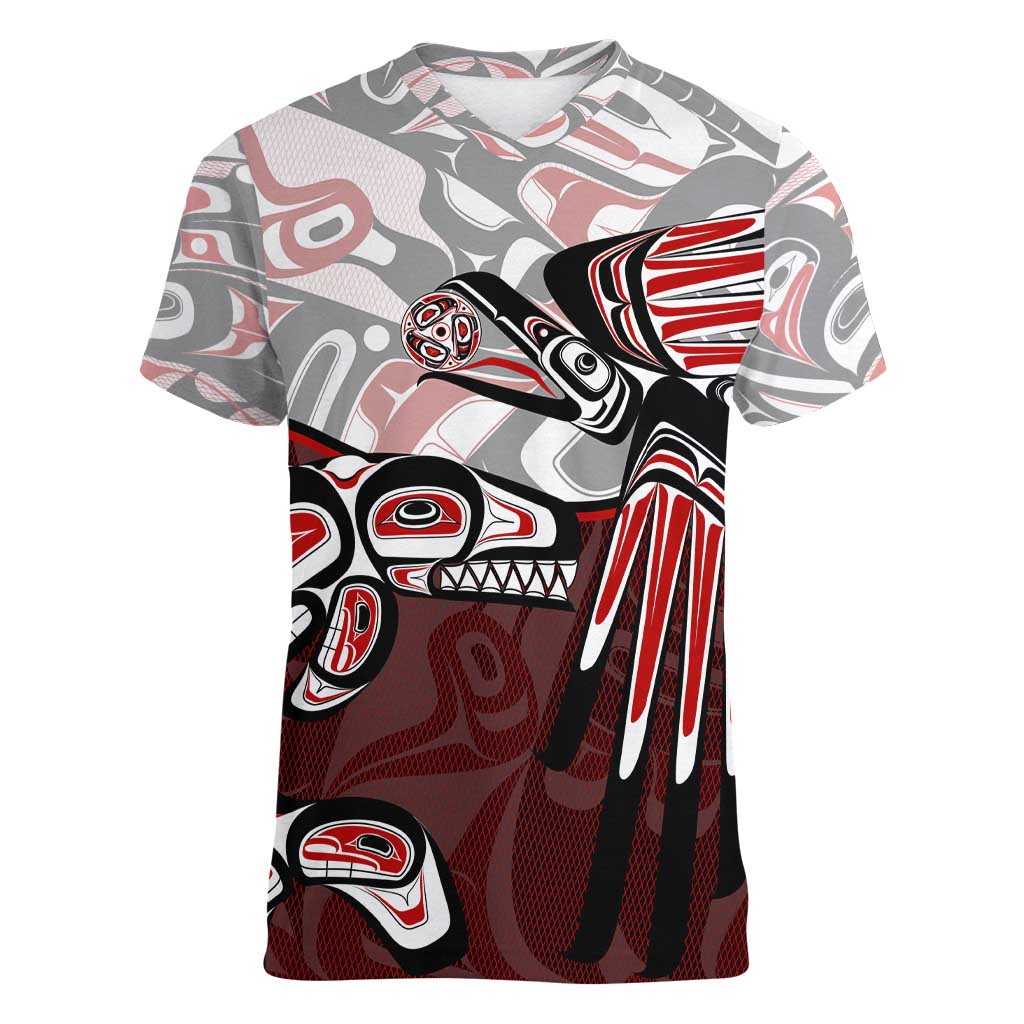 Haida Orca and Eagle Battle Women V-Neck T-Shirt Canada Pacific Northwest Tribal Art