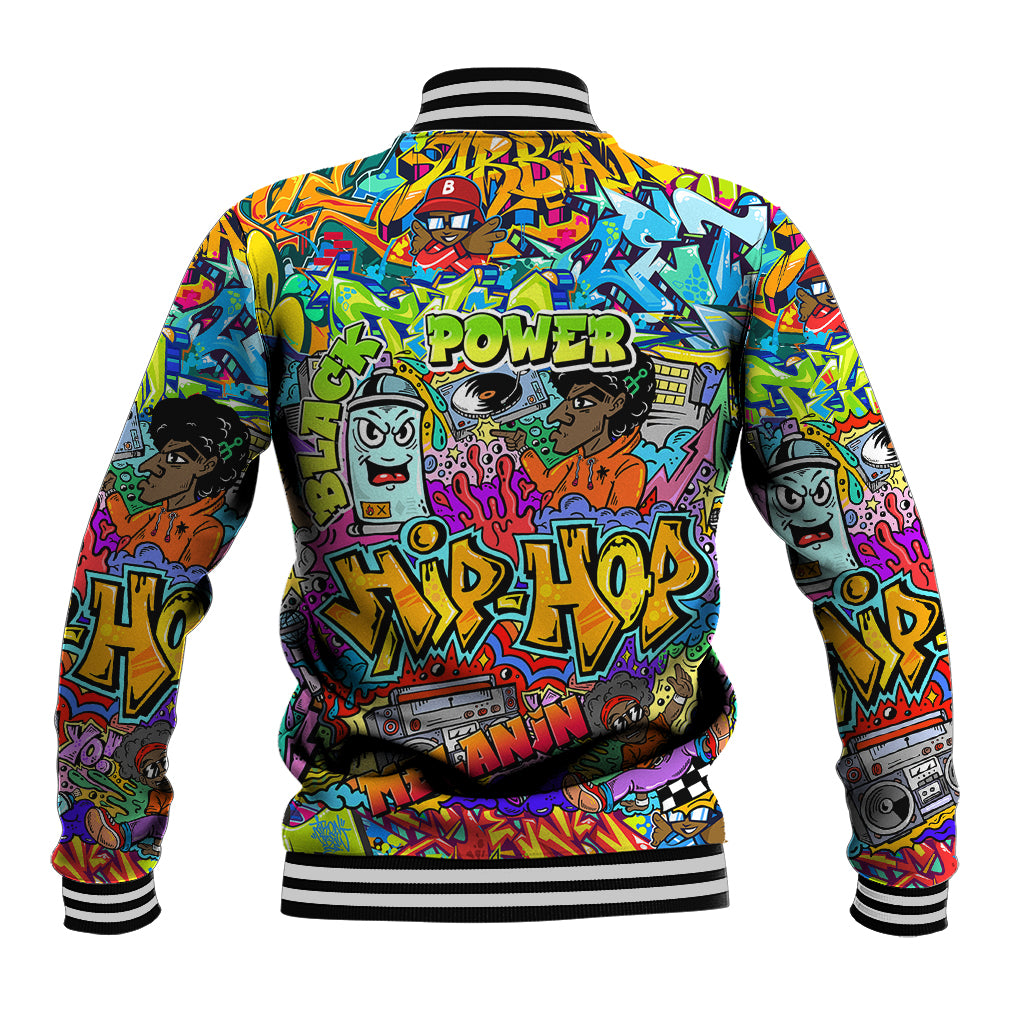 Color graffiti baseball jacket back with black ribbed collar, cuffs, and striped hem