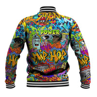 Color graffiti baseball jacket back with black ribbed collar, cuffs, and striped hem
