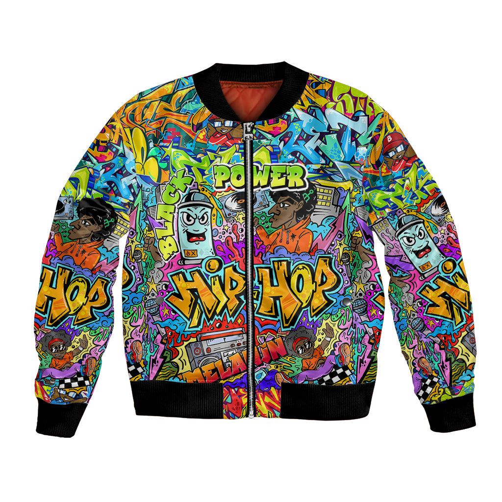 Multicolor graffiti bomber jacket with full zip front, black ribbed cuffs and hem