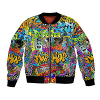Multicolor graffiti bomber jacket with full zip front, black ribbed cuffs and hem