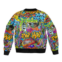 Multicolor graffiti bomber jacket back with HIP HOP and POWER text, black rib hem