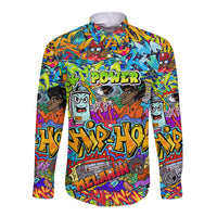Colorful graffiti long-sleeve button shirt with bold “POWER” front graphic