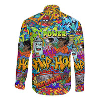 Colorful graffiti long-sleeve button shirt with “POWER” back graphic