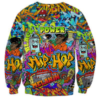 Graffiti art sweatshirt with colorful 'HIP HOP' lettering and character portraits