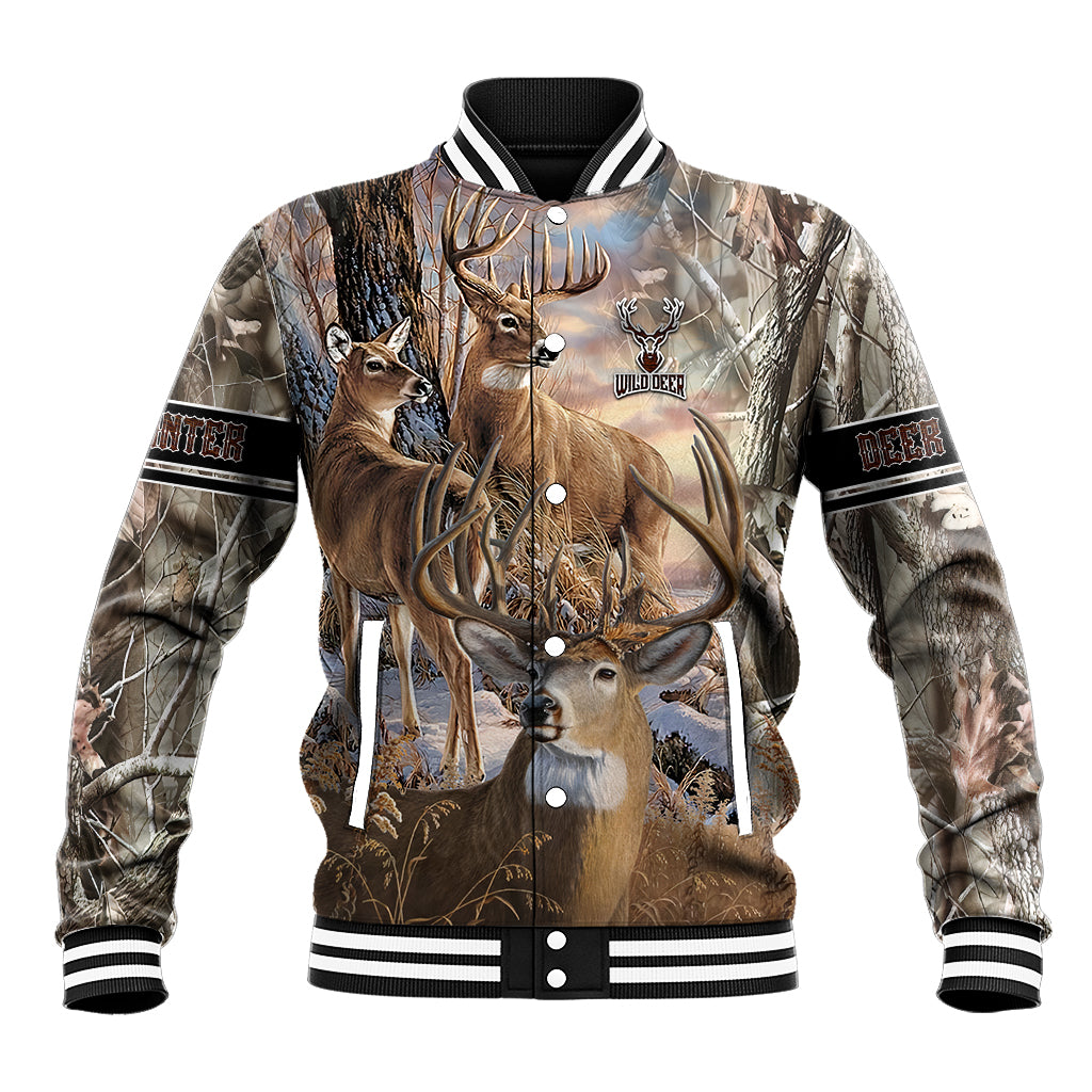 Deer camo baseball jacket with snap front, striped collar and cuffs, front graphic