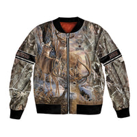 Deer camo bomber jacket, front full-zip, black ribbed cuffs and hem, scenic buck graphic