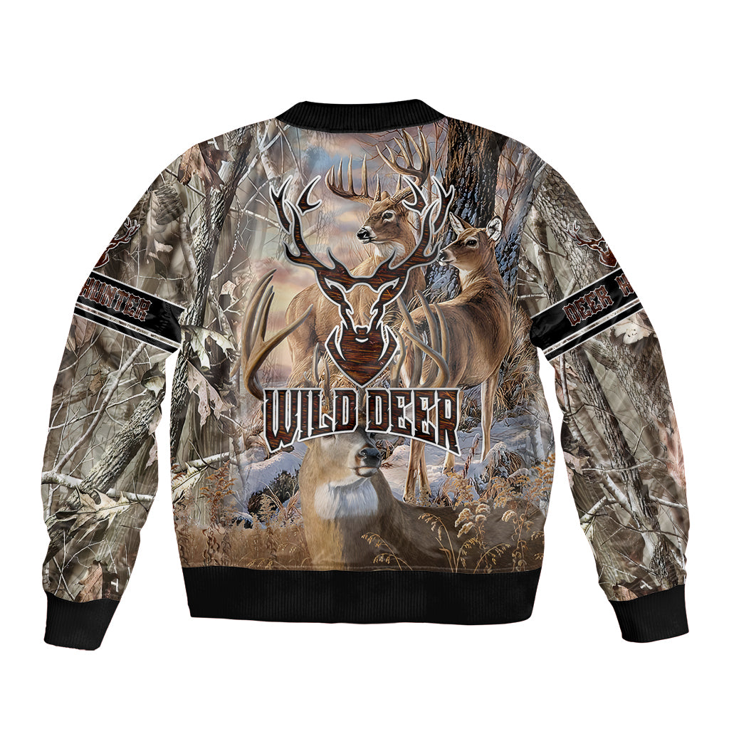 Deer camo bomber jacket back, large buck graphic, full-zip style, black ribbed cuffs and hem