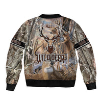 Deer camo bomber jacket back, large buck graphic, full-zip style, black ribbed cuffs and hem