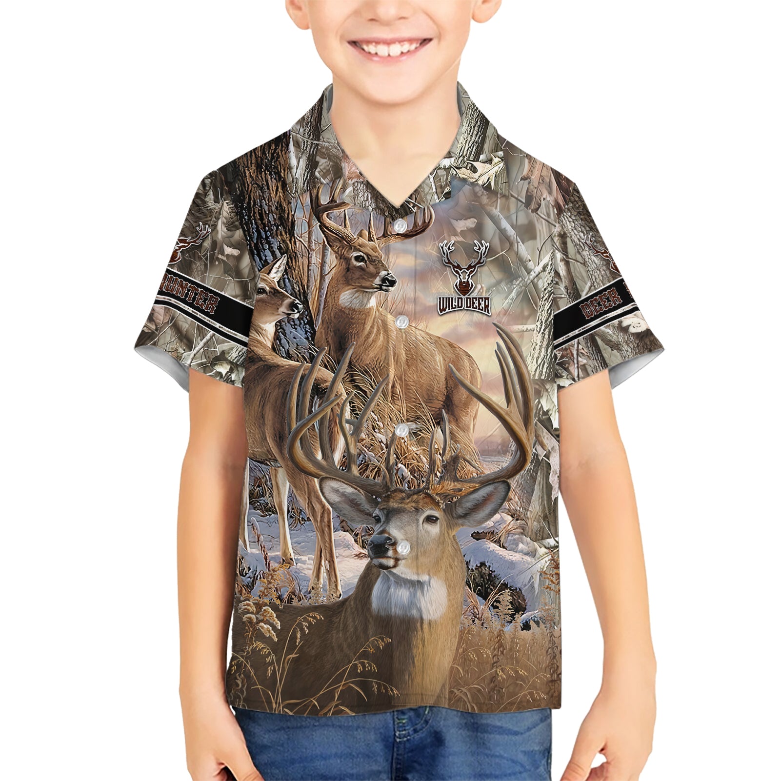 Wild Deer Hunting Kid Hawaiian Shirt Realtree Buck and Doe - Wonder Print Shop