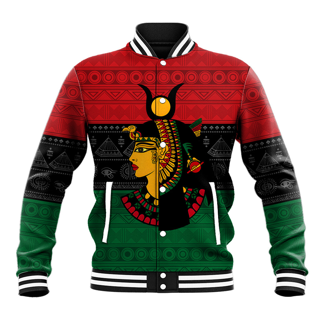 Multicolor baseball jacket with Egyptian queen graphic, snap button front, ribbed cuffs