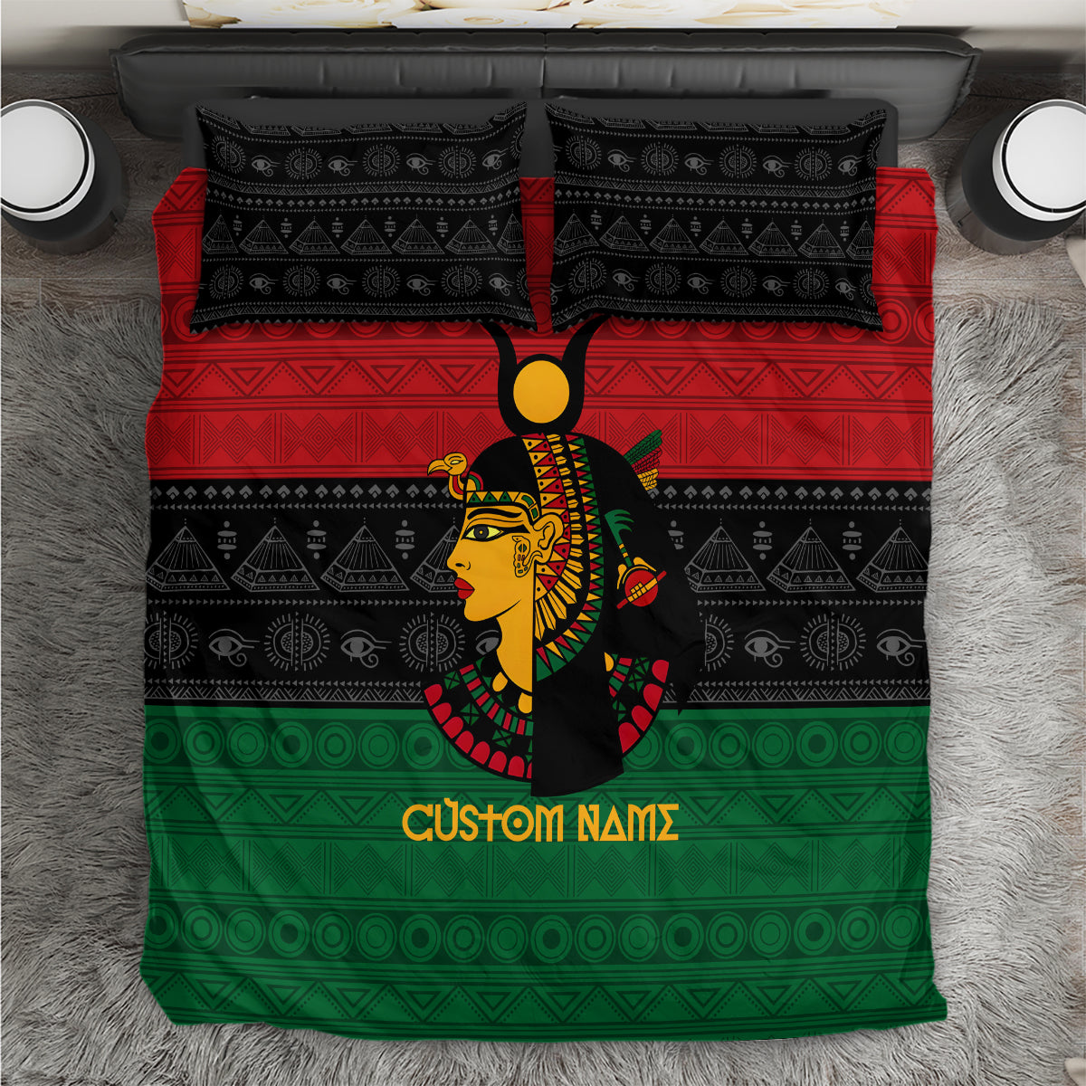 Personalized Egyptian goddess bedding set, black red green with two matching pillow shams