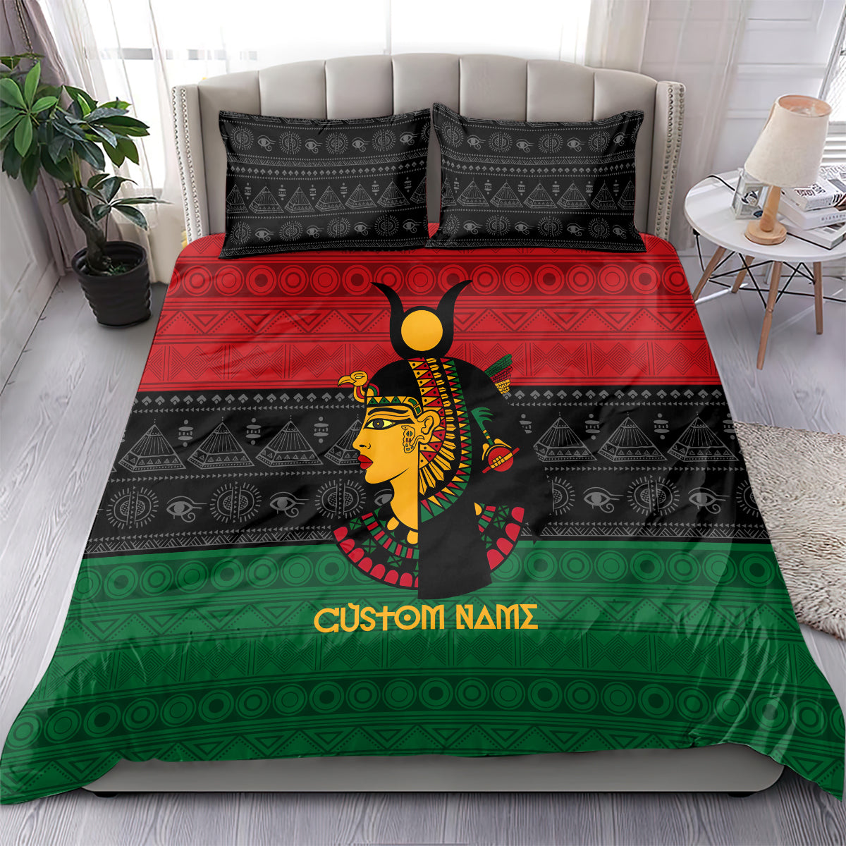 Personalized Egyptian goddess quilt set in black, red and green with two pillow shams