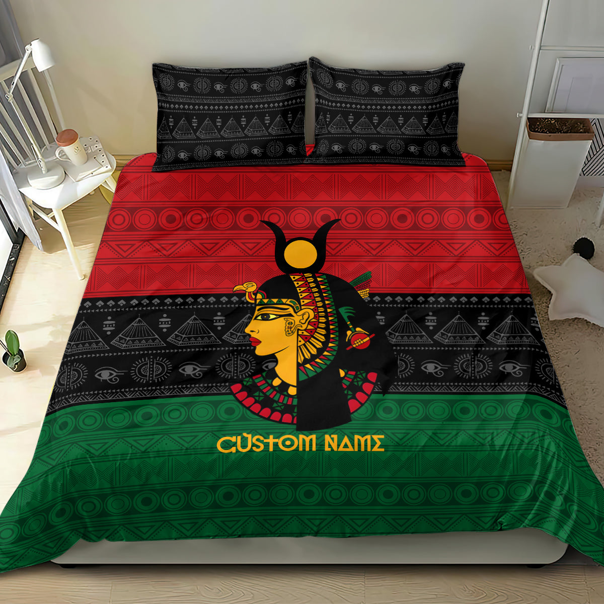 Personalized Egyptian goddess duvet set in black, red and green with two matching pillowcases