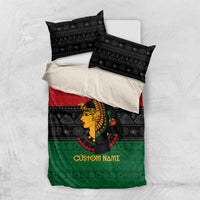 Personalized Egyptian goddess bedding set flat lay: duvet and two black red green pillow shams
