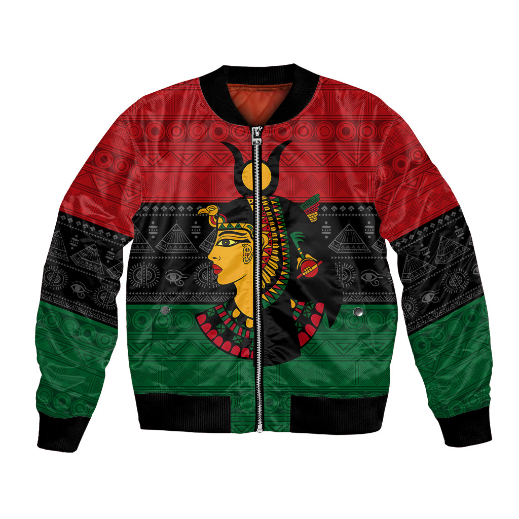 Unisex bomber jacket with full-zip front and Egyptian goddess graphic in red, green, black