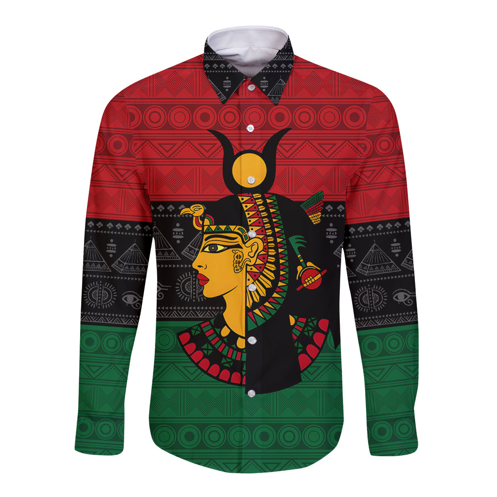 Long-sleeve button shirt with red, green, and black graphic goddess portrait, front view