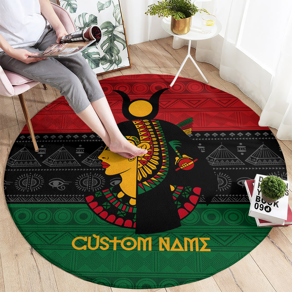 Round Egyptian queen goddess rug with red and green border, black center, custom name text