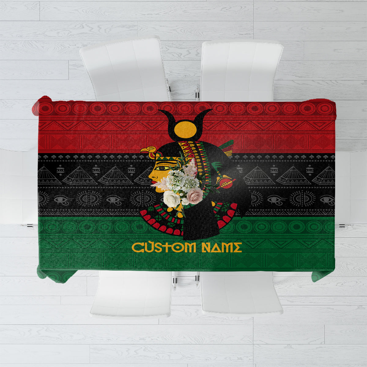 Personalized tablecloth with Queen portrait and custom name, green red black pattern