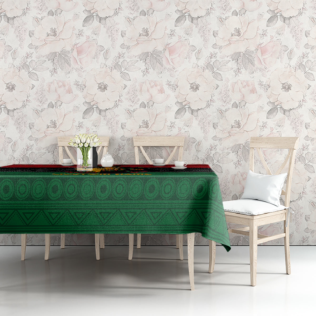 Tablecloth on long dining table, green geometric strip with red top border