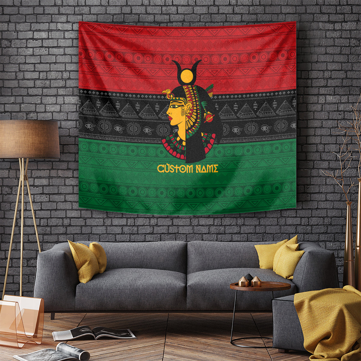 Personalized goddess tapestry in red, black, and green with face profile and Custom NAMES