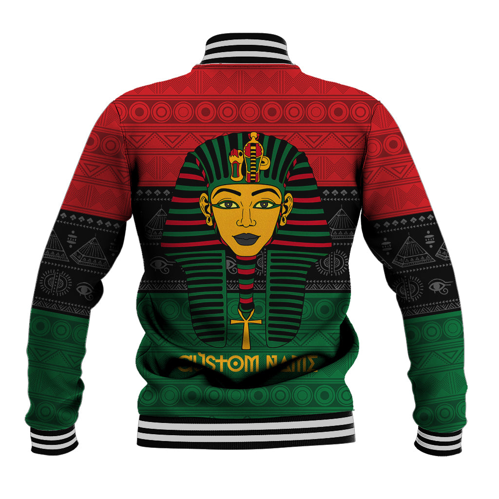 Unisex baseball jacket back with pharaoh emblem in red, green, black; ribbed striped hem