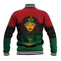 Unisex baseball jacket back with pharaoh emblem in red, green, black; ribbed striped hem